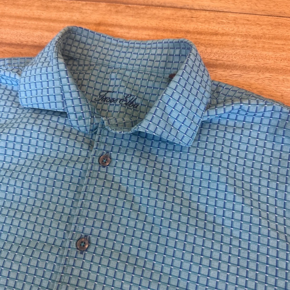 Tasso Elba Mens Blue Micro Grid Button Down Shirt Long‎ Sleeve Contrast Cuff L
